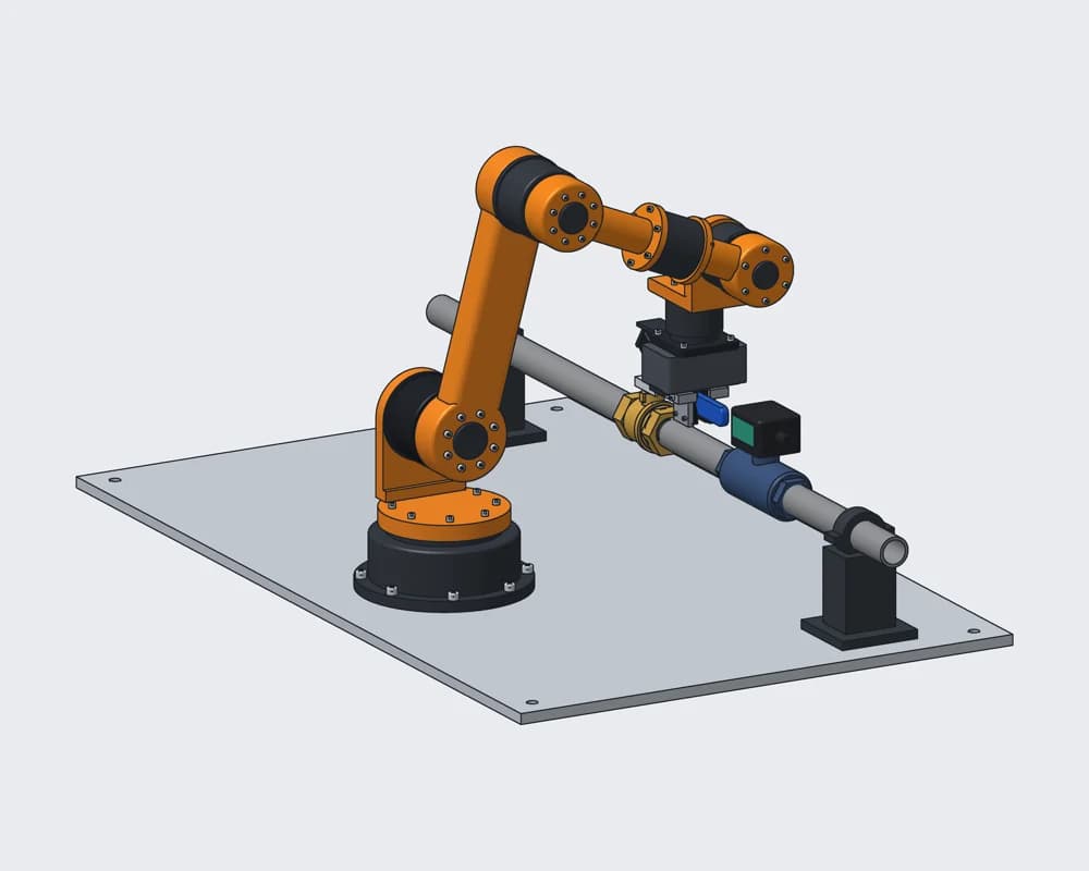 Working the Valve — CAD model: the arm reaching over the pipe to the valve lever.