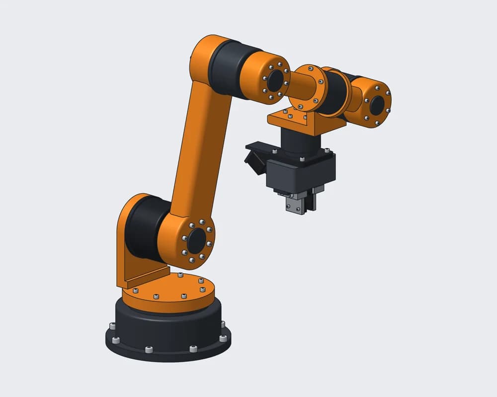 6-Axis Arm — CAD model: joint modules bolted flange to flange with machined links.