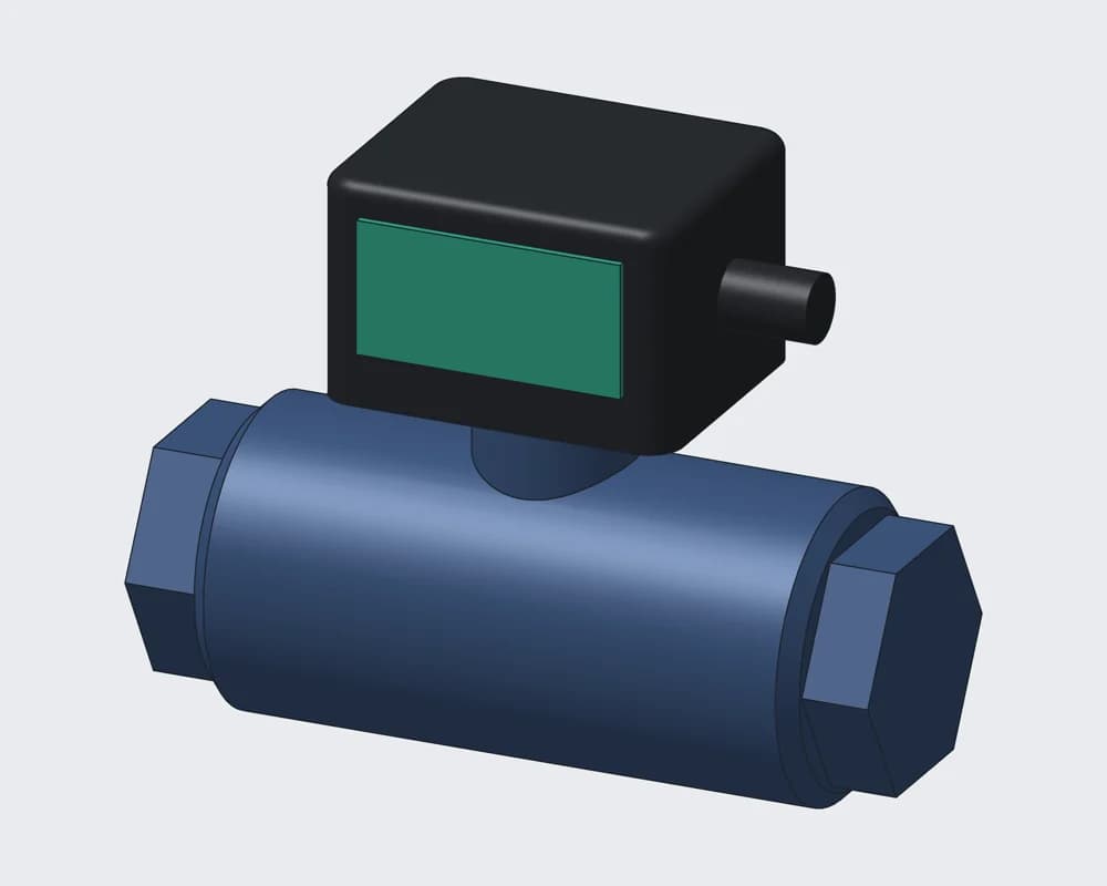 Inline Flow Meter — CAD model: the inline turbine flow meter the arm reads.