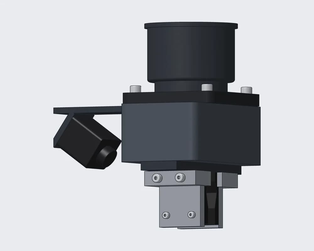 Gripper and Wrist Camera — CAD model: wrist camera angled down at the fingertips and lever.