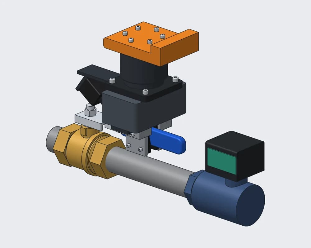 Gripper on the Lever — CAD model: V-notch pads nudge the handle a few degrees at a time.