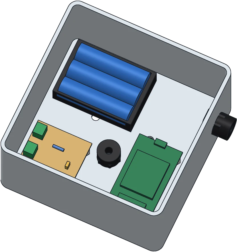 CAD model of the open controller enclosure with the 18650 battery pack and electronics