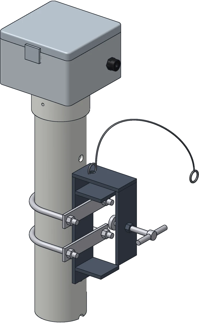 CAD model of the top of the Tank Level Stick: controller enclosure, rim-hook bracket, U-bolts and safety lanyard