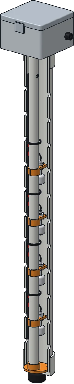 CAD model of the full-length Tank Level Stick with float stations inside the stilling well